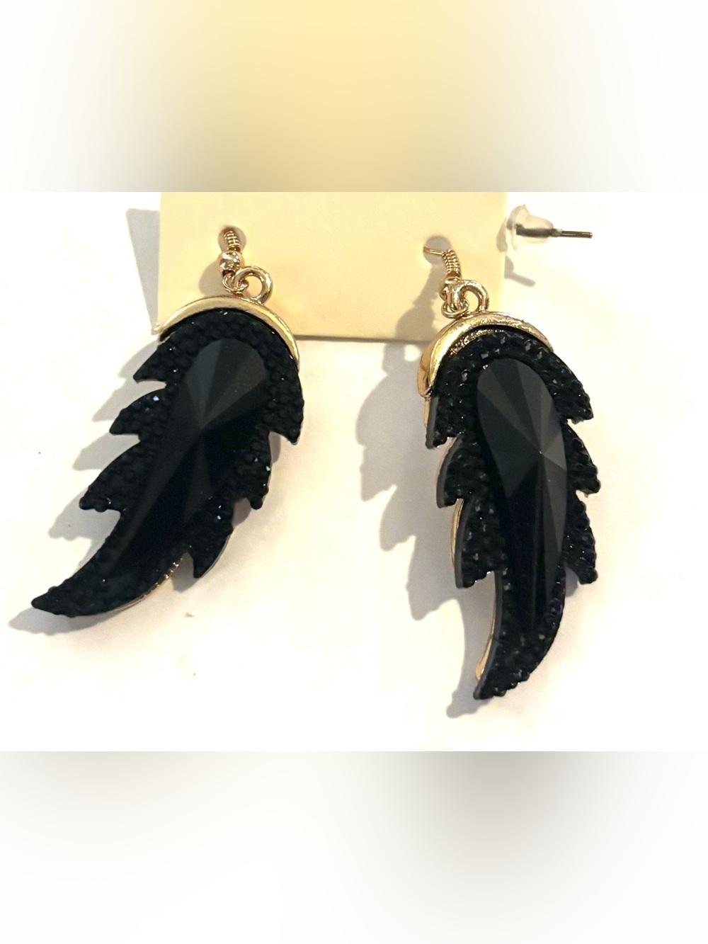 Fashion Jewelry Black Crystal Feather Drop Earrings - Gold Accents